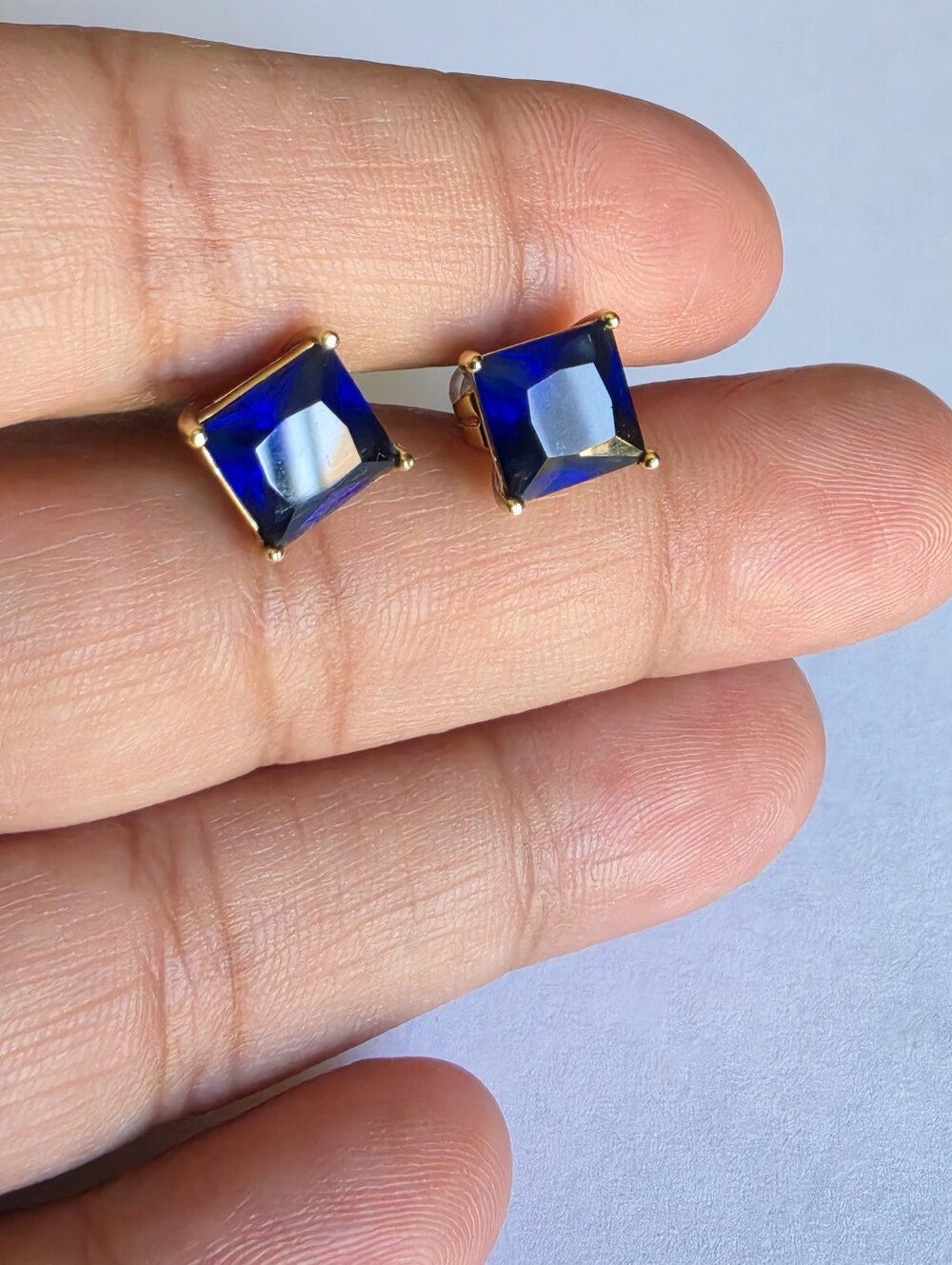 Gold Plated Sapphire Blue Crystal Square Stud Earrings Elegant